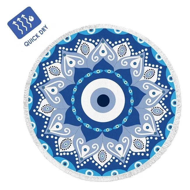 Prosop Rotund pentru Plaja, Model cu Ochi si Franjuri Albe, Diametru 150cm, Albastru - 1 | YEO