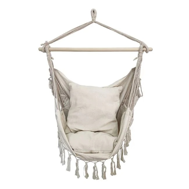 Scaun Leagăn Suspendabil Bej cu Macrame și 2 Perne, 100x130x110 cm