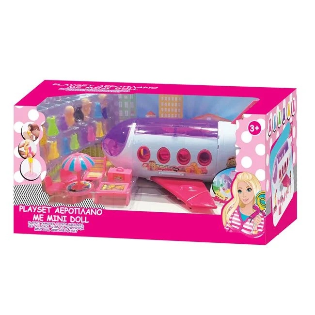 Set cu avion si 2 papusi mini, 18 accesorii incluse, varsta 3+ ani, 44x22x21cm, multicolor