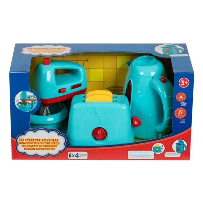 Set de joaca cu aparate de bucatarie, contine mixer, fierbator apa, prajitor de paine, cu sunet si lumina, 38x18x20cm, multicolor