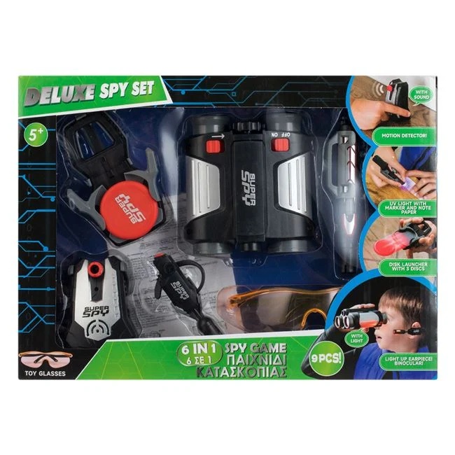 Set de joaca de spionaj 6 in 1, include binoclu, detector de miscare, lumina UV, lansator discuri si ochelari, 35.5x6.5x25.5cm, multicolor