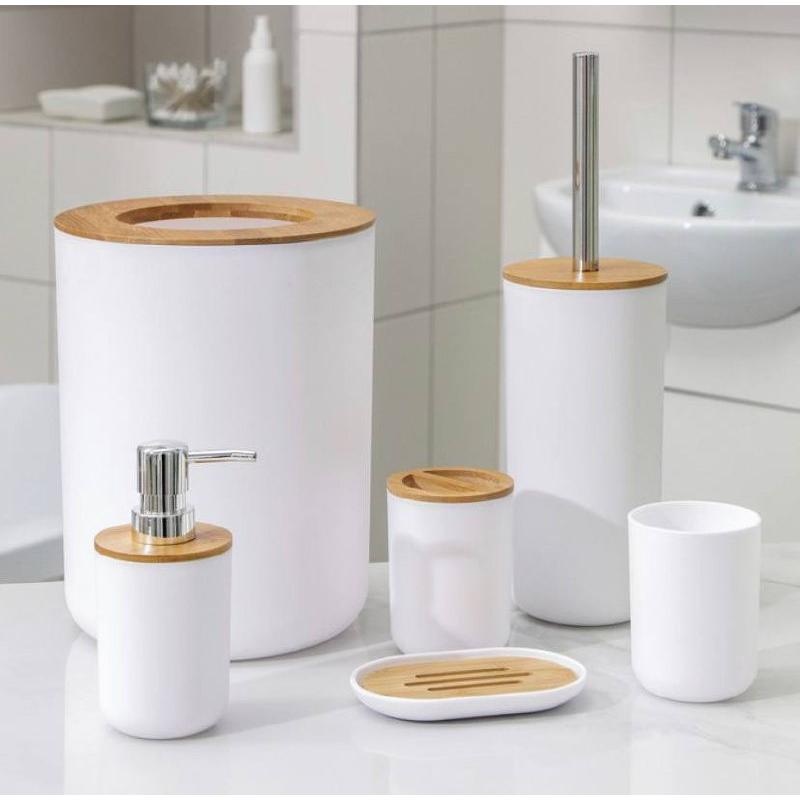 Set Elegant pentru baie format din 6 piese ABS + lemn culoare alb/maro