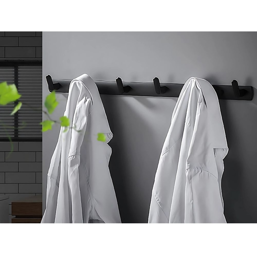 Suport de perete pentru hol, baie sau dormitor, cu 6 carlige, metal, 54.5x3.5cm, negru - 1 | YEO