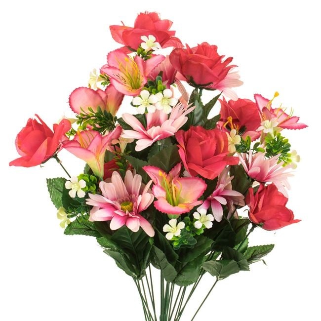 Buchet din flori artificiale, din trandafiri roz, margarete, crini si flori albe cu frunze verzi, 60 cm, roz/alb - 1 | YEO