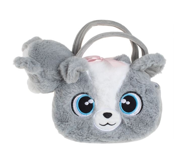 Câine de Pluș cu Geantă din Imitație de Blană, poliester, 20×8×22 cm, gri/alb/roz