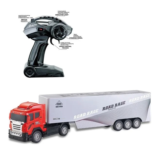 Camion cu container glisant, cu telecomanda si lumini colorate, 70x9.5x19cm, rosu-gri