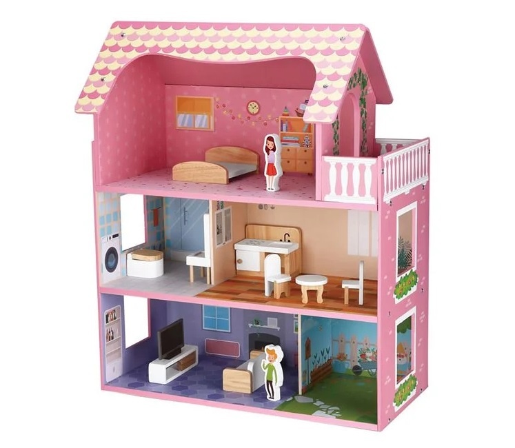 Casa din Lemn, cu Mobila si 2 Figurine pentru Papusi, 49.5x24x61cm