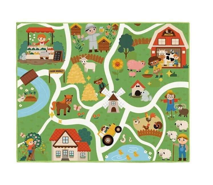 Covoras Decorativ pentru copii, dreptunghiular, cu model de ferma, 160x130cm, verde