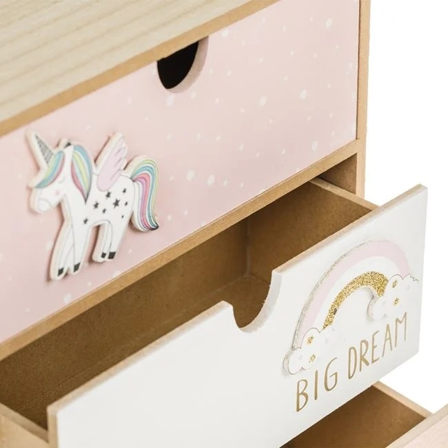 Cutie Decorativă cu 3 Sertare, Model 3D Unicorn, lemn, 21x10x27cm, roz/alb - 2 | YEO