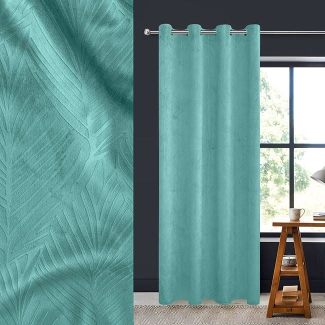 Draperie decorative catifelata, tip blackout - nu lasa lumina sa treaca, model cu reliefat cu frunze tropicale, cu inele, 140x260 cm, verde - 1 | YEO