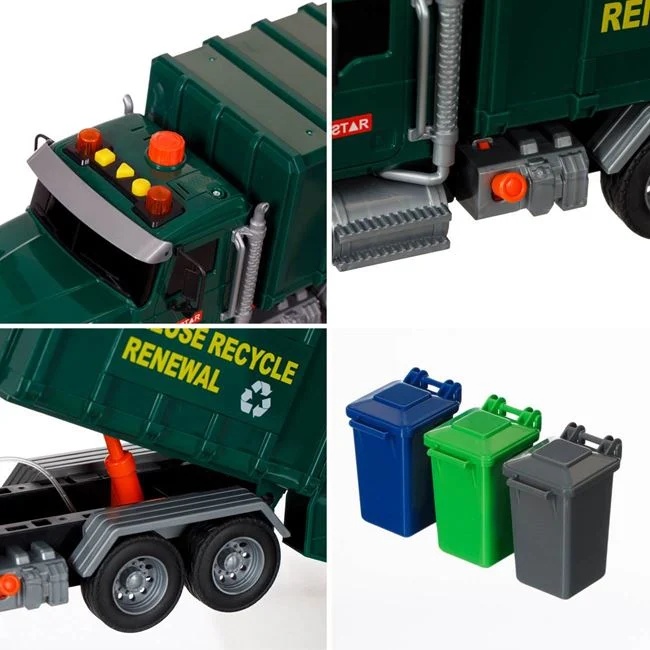 Jucarie camion gunoier, cu 3 pubele, cu lumina si sunet, 42x14x21.5cm, verde - 3 | YEO