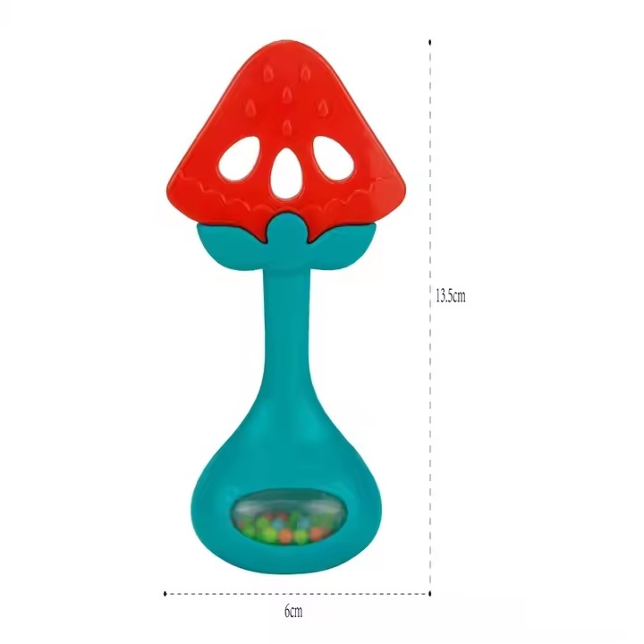 Jucarie de dentitie si zornaitoare pentru bebelusi, capsunica, din silicon si plastic, 13x6 cm, rosu-verde - 3 | YEO