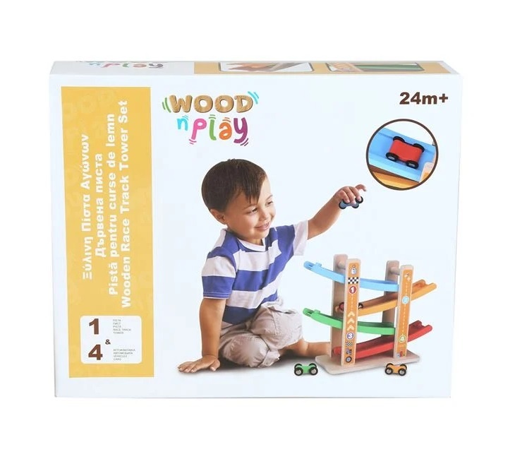 Jucărie Educativă din Lemn, Pista de Curse cu 4 Mașini Colorate, 24luni, 31×10.5×25 cm