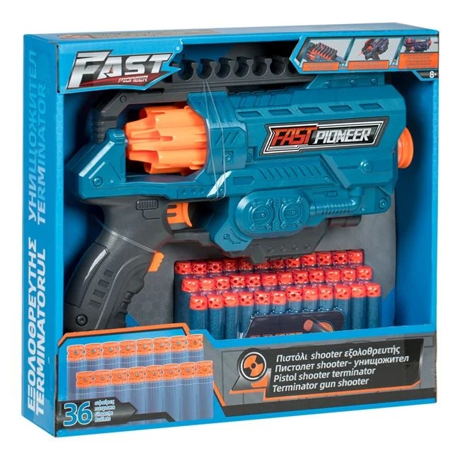 Jucarie mitraliera Shooter, cu 36 de sageti din spuma, 31x6x28cm, albastru-portocaliu