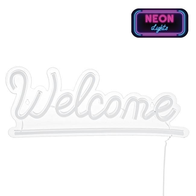 Lampa LED neon colorat, model cu scris WELCOME, cu cablu de 1.8M inclus, 41x16 cm, roz/bleo
