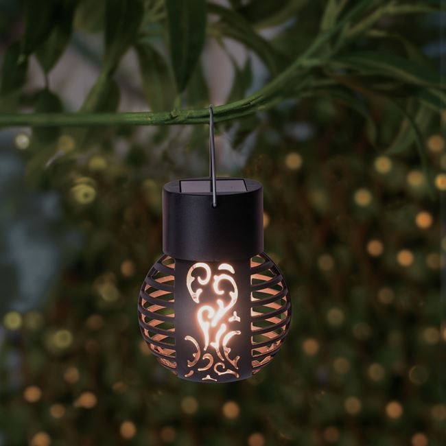 Lampa solara decorativa tip glob, stil felinar rustic, IP65, cu lumina galben-portocalie tip flacara - 3 | YEO