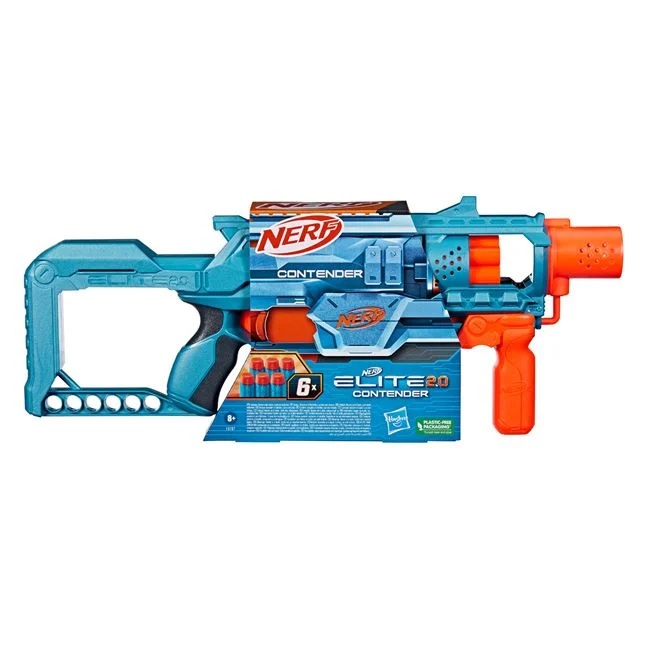 Lansator Contender 2.0 Nerf Elite, cu 6 sageti incluse, 50x6x19cm, albastru-portocaliu