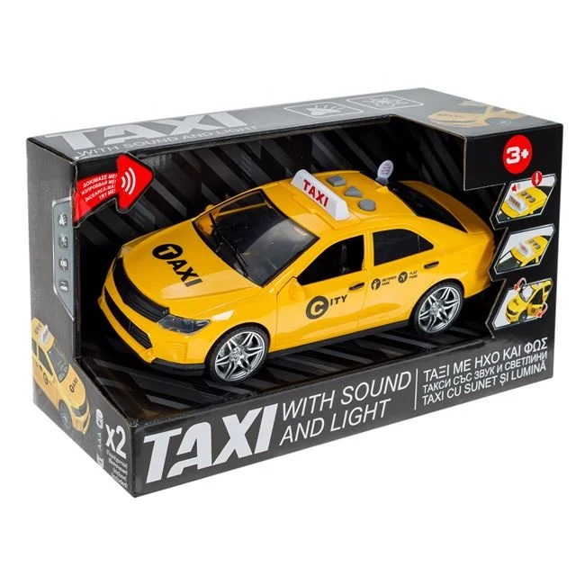 Masina taxi, cu lumina si sunet, usi care se deschid si semn luminos TAXI, 33x12.5x17cm, galben
