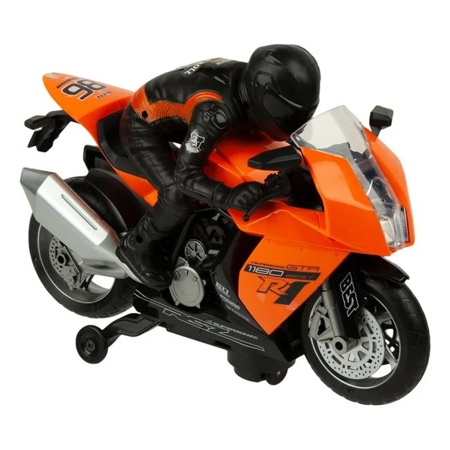 Motocicleta rotativa cu sofer, cu sunete si lumini, functie bump&go, 31x13x22cm, portocaliu-negru