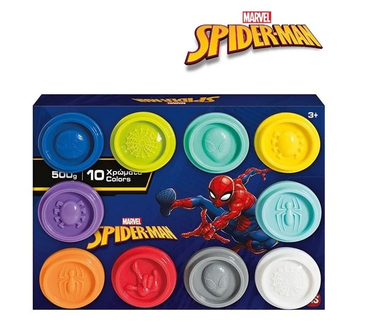 Plastilină Spiderman, Set cu 10 Recipiente si Capace Forme, 500g, 3ani+, 22x4x17cm