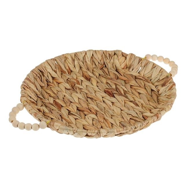 Platou decorativ rotund cu manere din margele de lemn, pentru decoratiuni sau servit, din jacint de apa, 35x18x2.5 cm, bej