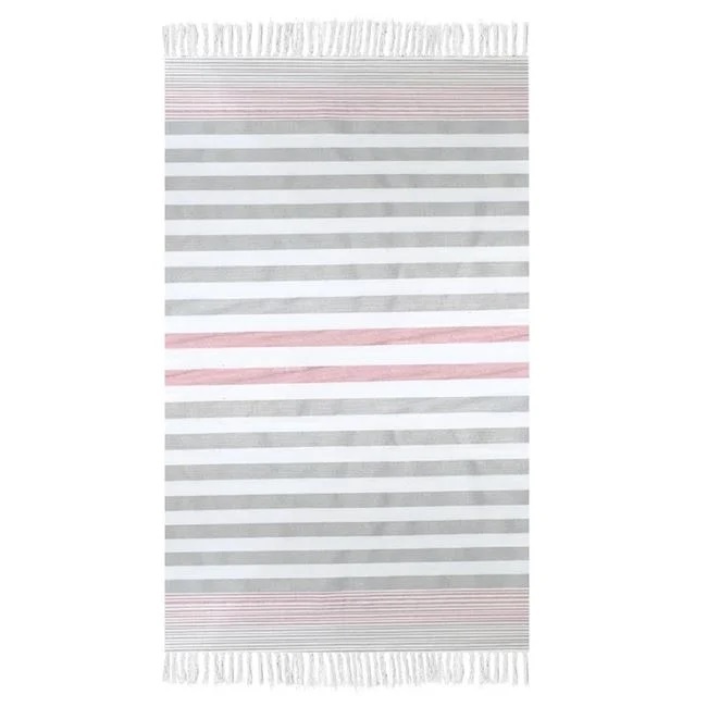 Prosop Hamam pentru Plaja, Model cu Franjuri, 180x90cm, Alb cu Dungi Maro si Roz