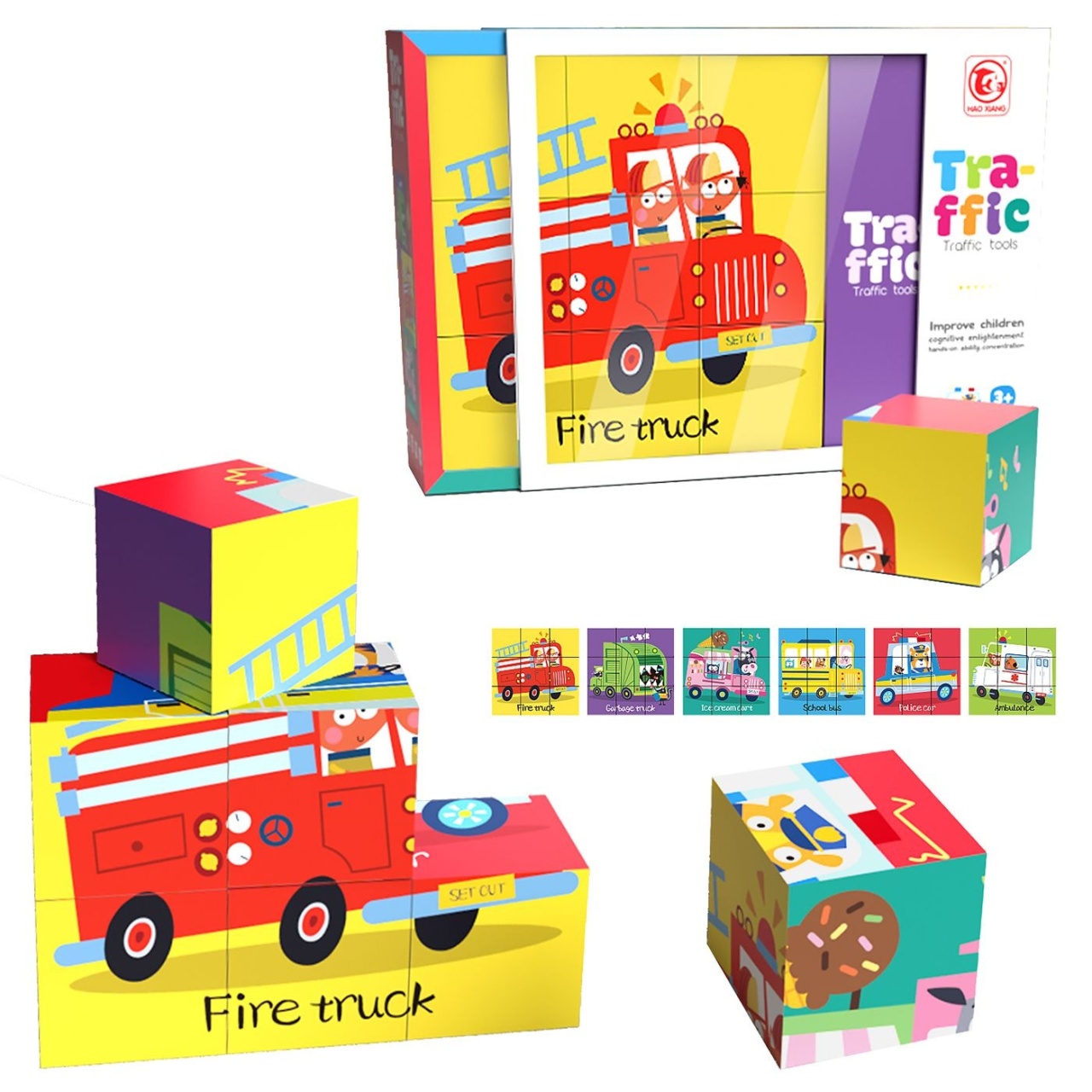Puzzle 6 in 1, cu 9 cuburi, Tematica Trafic cu Masinute diverse, pentru copii de 3 ani+, Multicolor