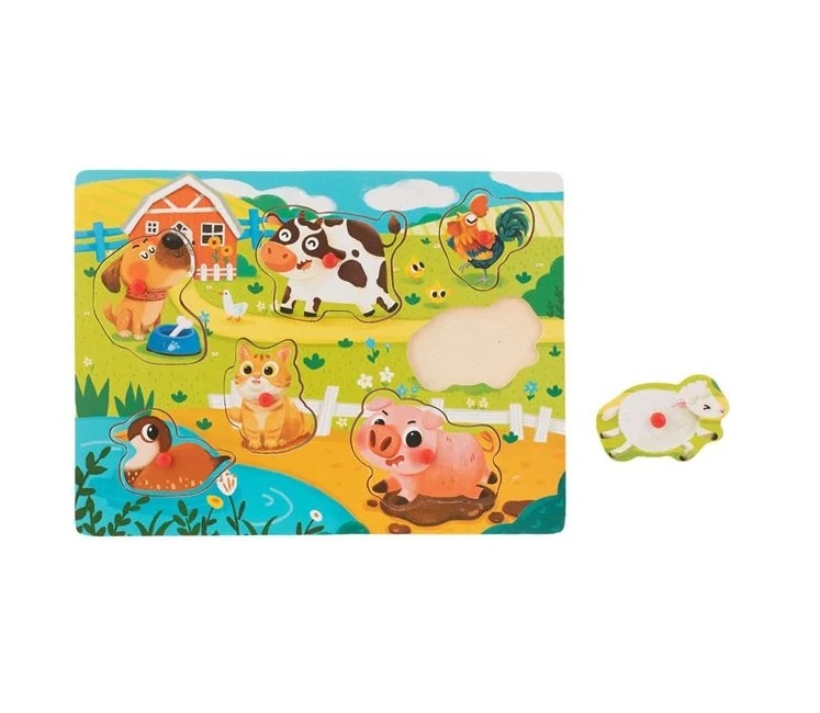 Puzzle cu Animale de la Fermă, din lemn, 7 piese, 30x22.5 cm - 1 | YEO