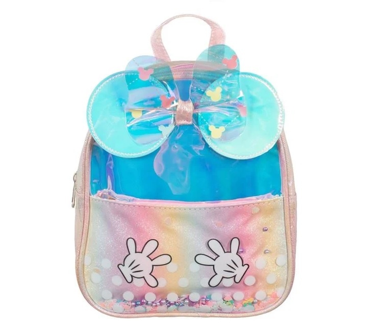 Rucsac Holografic cu Fundiță Glitter si Mărgele, PVC, 20x7x24cm, roz