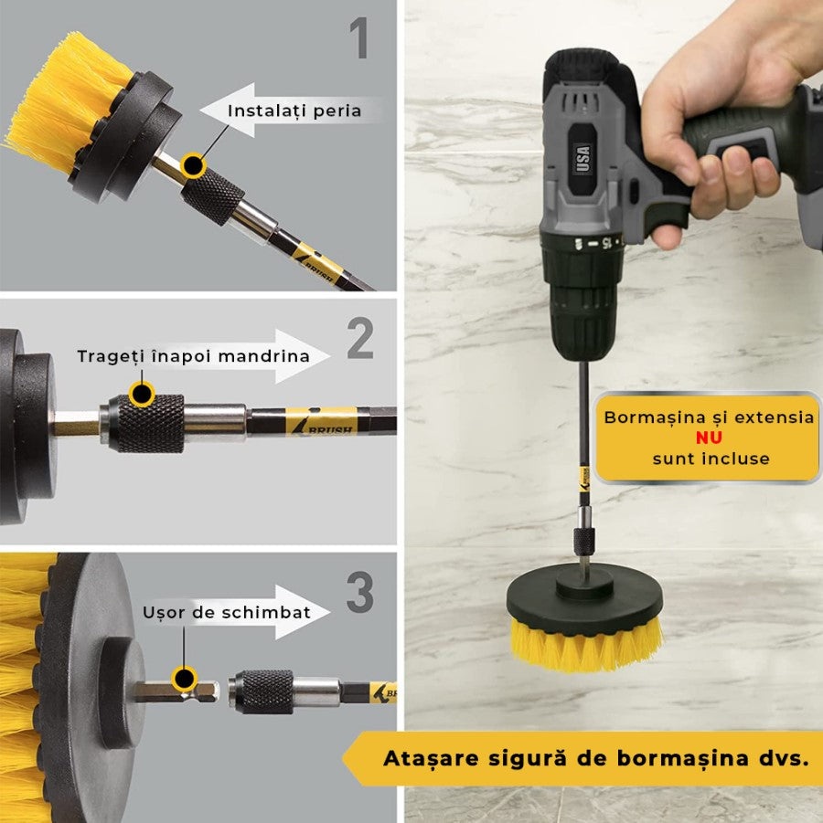 Set 3 perii rotative din plastic, pentru curatat suprafete, cu adaptor, diferite marimi, pentru surubelnita electrica, negru-galben - 1 | YEO
