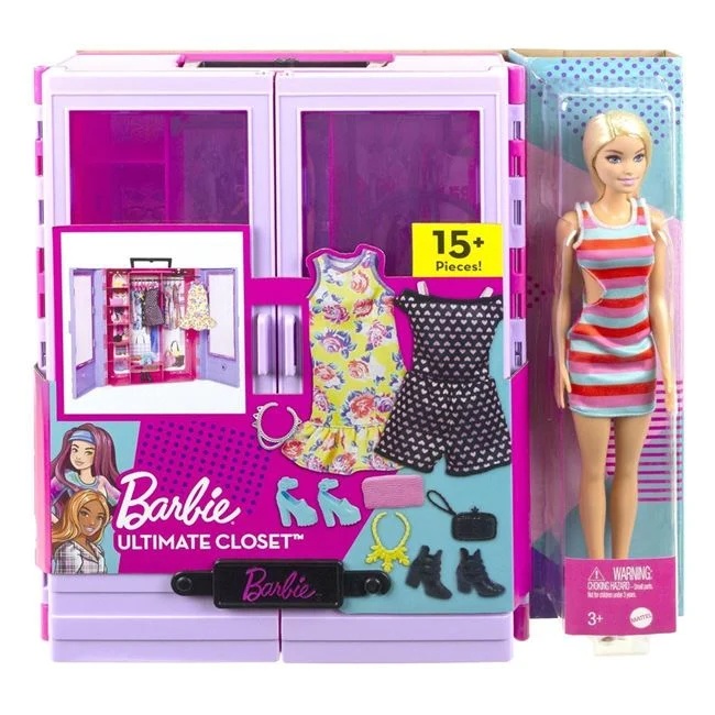 Set Barbie Fashion dulap cu haine incluse, varsta 3+ ani, 35x8x32cm, roz-mov