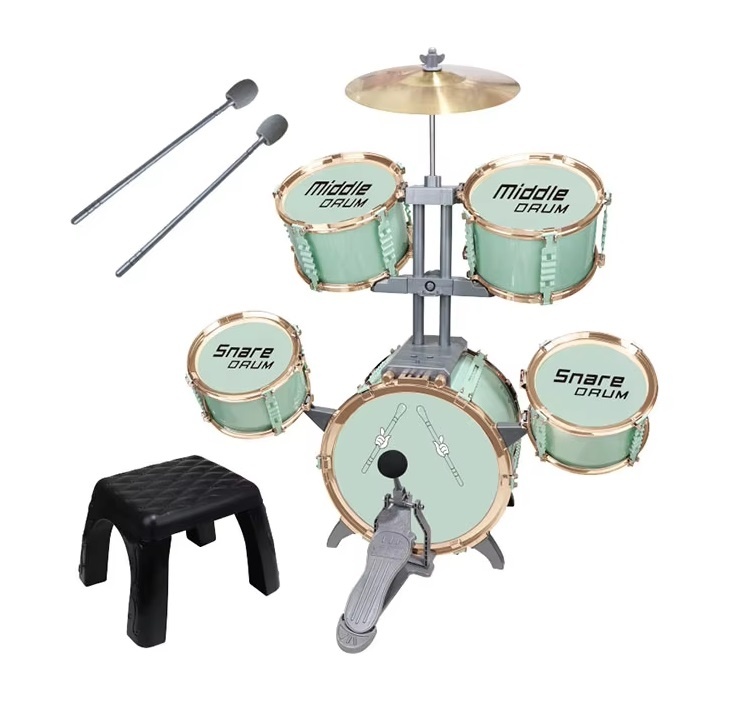 Set cu 5 tobe de jazz, un chimval metalic, 2 ciocane si un scaunel, pentru copii 3 ani+, verde/roz