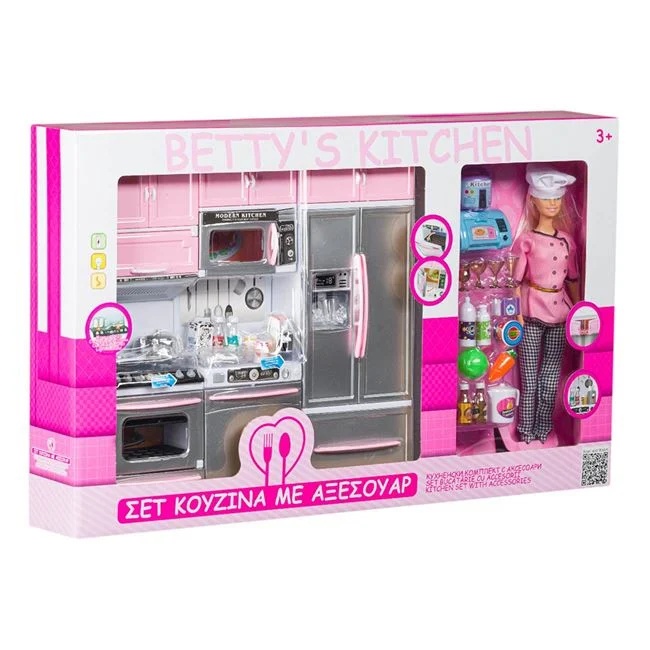 Set de joaca cu aragaz si papusa bucatar, cu accesorii incluse, din plastic, varsta 3+ ani, 60x8x36cm, roz