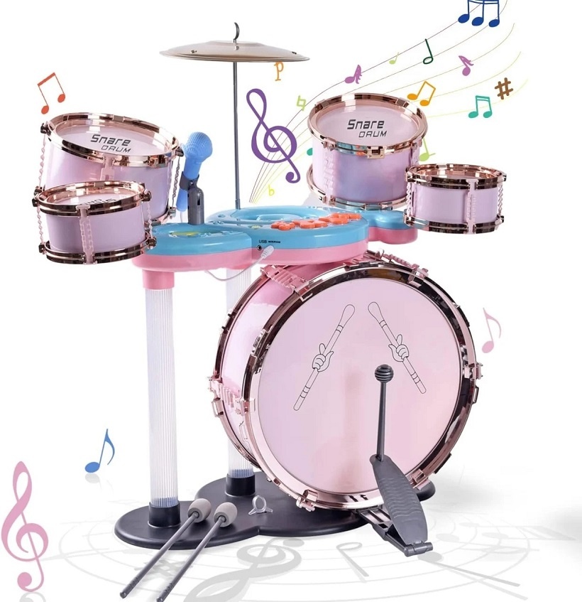 Set de tobe de jazz pentru copii 3 ani+, cu scaunel, roz/verde - 1 | YEO