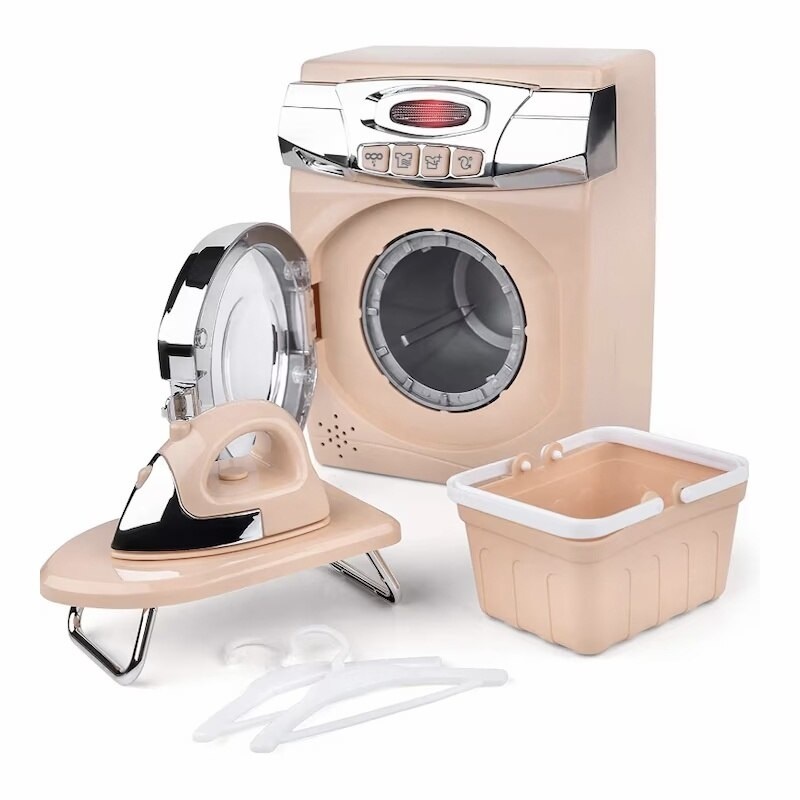 Set masina de spalat rufe si fier de calcat, pentru copii 3 ani+, cu sunete si lumini, accesorii realiste, functii tactile, crem