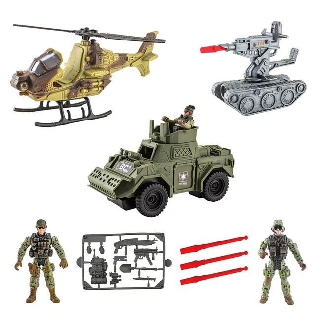 Set militar cu vehicule de lupta si 3 soldati, include accesorii, 38.5x16.5x19.5cm, multicolor