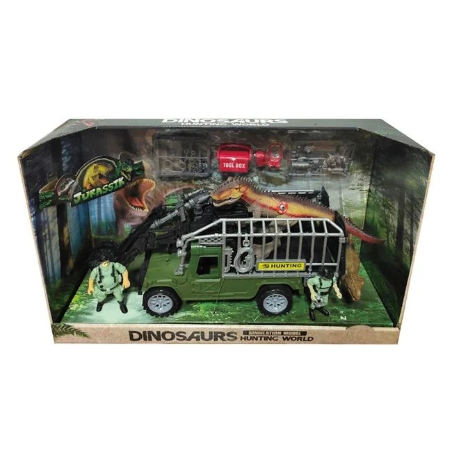 Set vanzatoare de dinozauri, cu masina si figurine, sunete realiste, 49x15x32cm, multicolor
