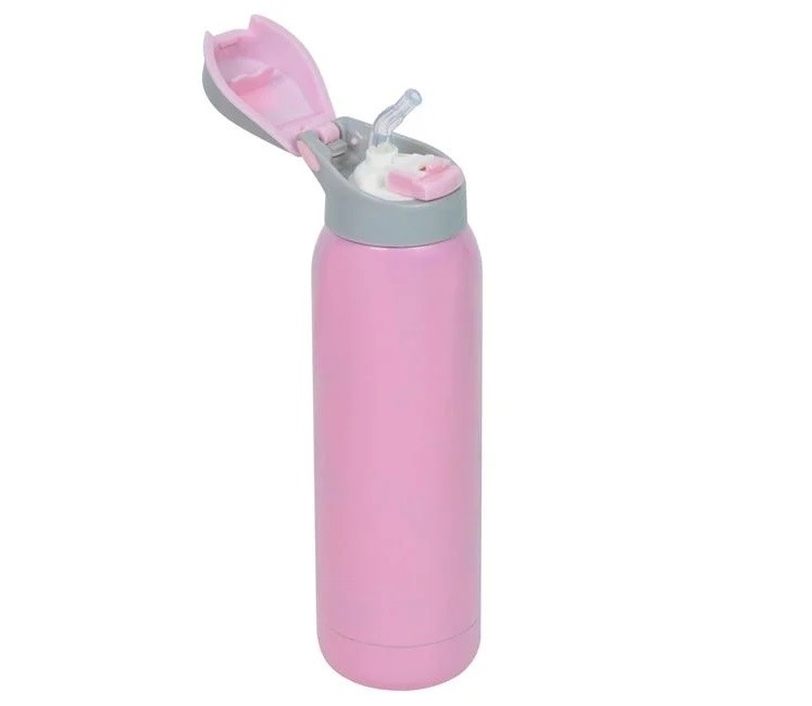 Sticlă Izotermă Roz cu Pai, 500ml, Oțel Inoxidabil, 6.5x24 cm, roz