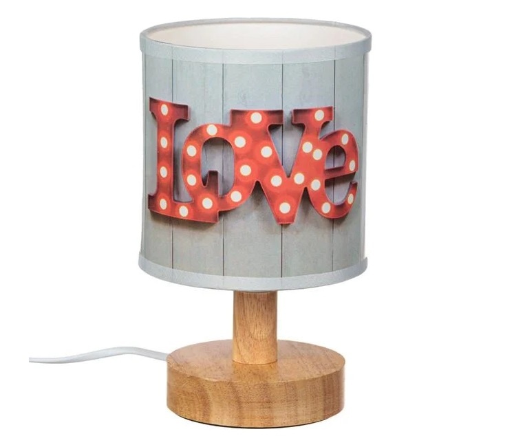 Veioză cu Bază din Lemn si Abajur „Love”, 220-240V, 12.5×21 cm, gri