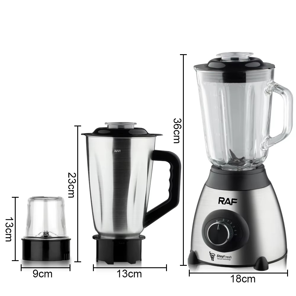 Blender Electric 3 în 1 RAF R.2871, 1000W, Pahar 1.5L din Sticlă, Vas Inox, Râșniță, 2 Viteze + Pulse, StayFresh, Negru/Inox - 2 | YEO