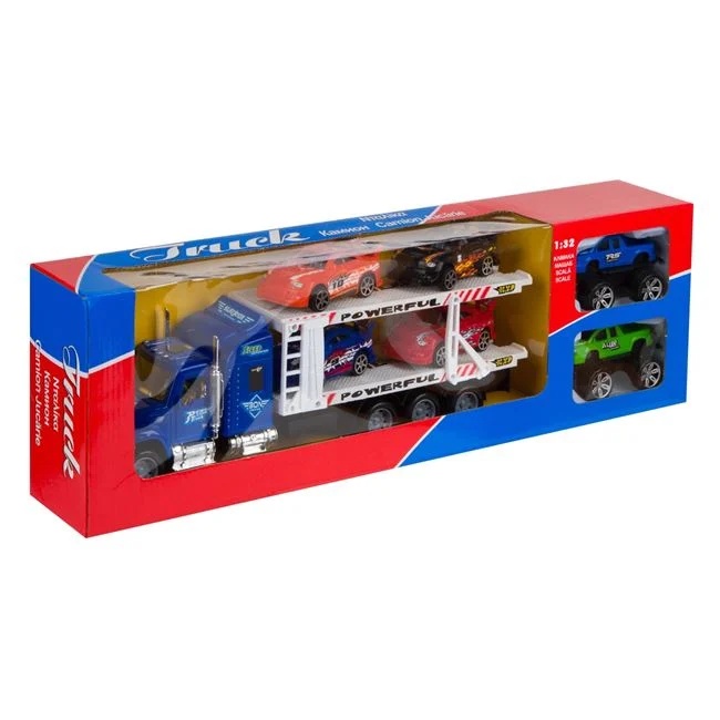 Camion de curse, cu 2 vehicule 4x4 si 4 masini de curse, 54.5x9x16.5cm, multicolor