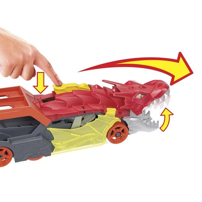 Camion in forma de dragon Hot Wheels care lanseaza masini, insotit de o masina Hot Wheels, din metal, 35.5x7.5x13cm, multicolor - 2 | YEO