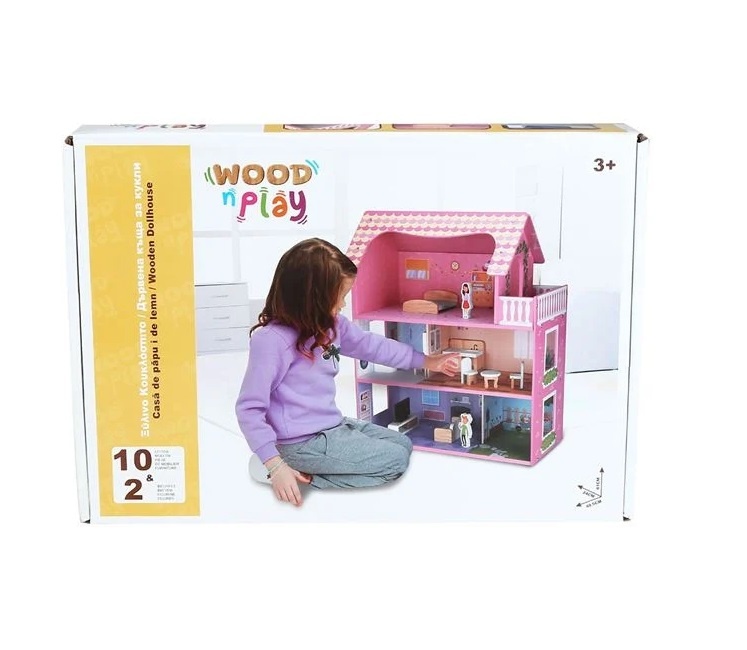 Casa din Lemn, cu Mobila si 2 Figurine pentru Papusi, 49.5x24x61cm - 1 | YEO