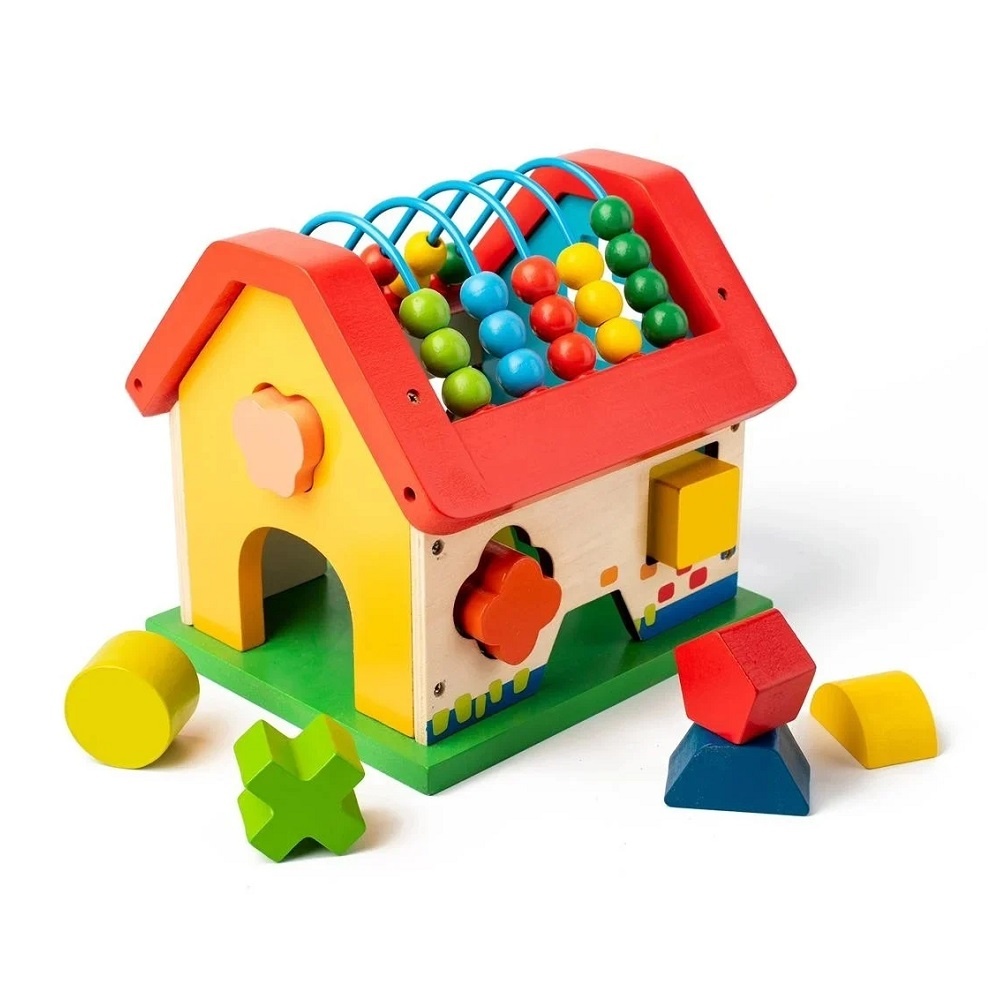 Casuta din lemn ABAC si sortator cu forme geometrice, pentru copii 2 ani+, 19x18.5x20 cm, multicolor