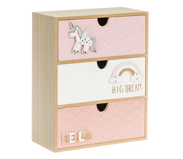 Cutie Decorativă cu 3 Sertare, Model 3D Unicorn, lemn, 21x10x27cm, roz/alb