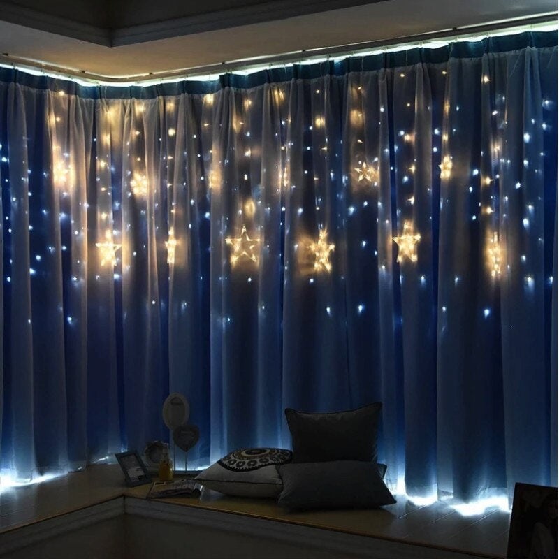 Instalatie Luminoasa pentru Craciun, Perdea cu 6 Stele Mici si Mari, Interconectabila, Lumina Alba calda - 3 | YEO