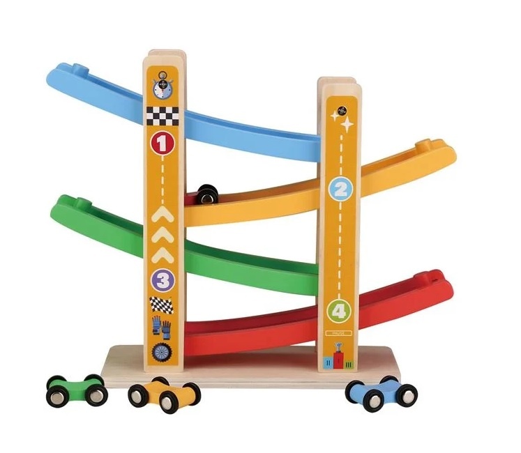 Jucărie Educativă din Lemn, Pista de Curse cu 4 Mașini Colorate, 24luni, 31×10.5×25 cm - 1 | YEO