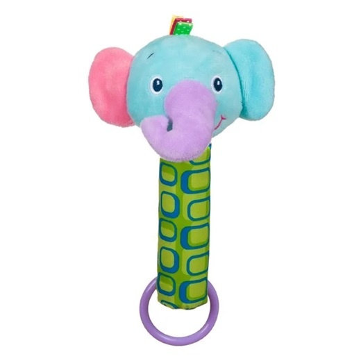 Jucarie pentru dentitie sub forma de elefant, Pentru bebelusi si copii 0+ ani, Cu zornaitoare, Plus, 22 cm, Multicolor