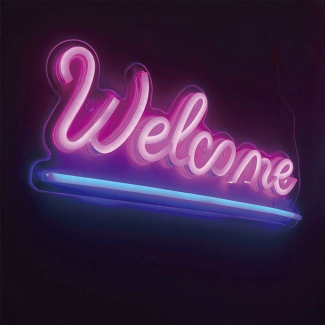 Lampa LED neon colorat, model cu scris WELCOME, cu cablu de 1.8M inclus, 41x16 cm, roz/bleo - 1 | YEO