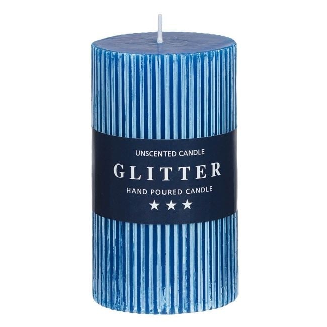 Lumanare decorativa tip coloana cu sclipici, din parafina, fara aroma, timp de ardere 50 ore, Ø7x12cm, albastru